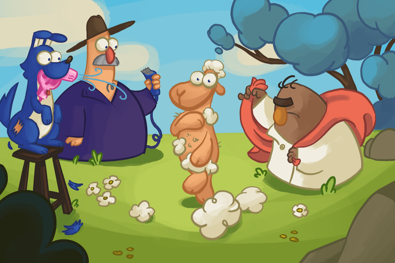 Uncle Moses, Wilson the dog, and a sheep about to get sheared